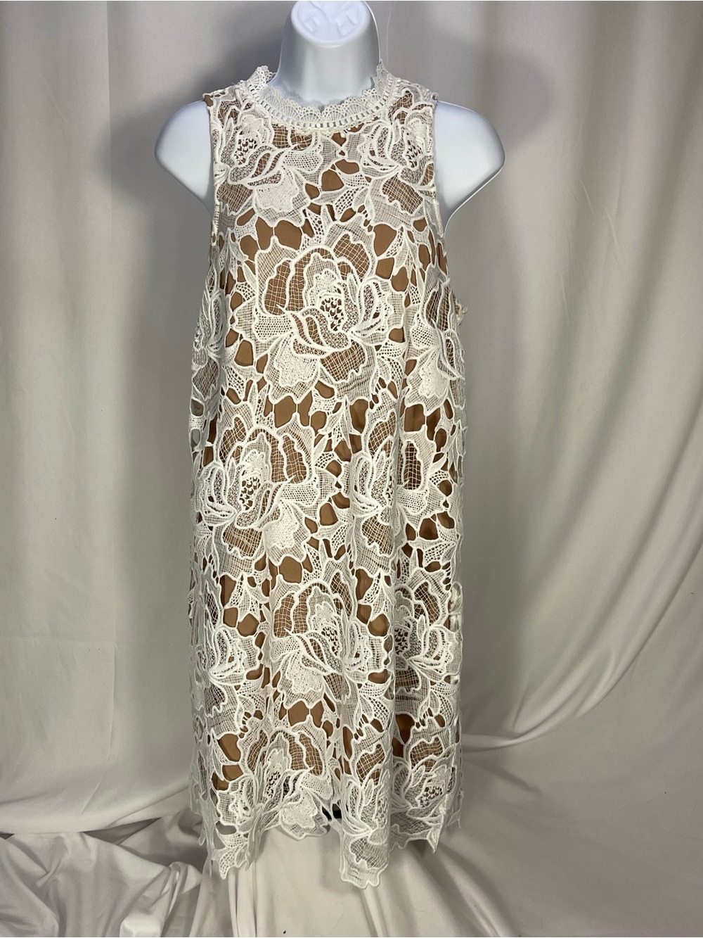 Entro White Floral Lace Sleeveless “Barely There” illusion dress. Sz M